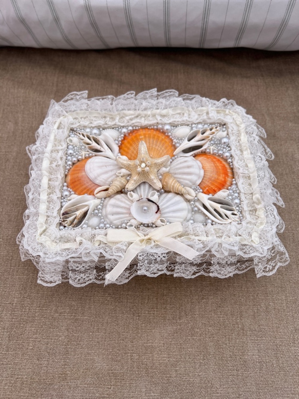 Vintage seashell Jewelry Box - Handmade Coastal decor trinket box.